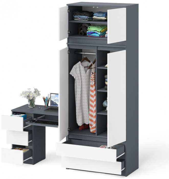 Мори Стол компьютерный МС-6 левый + Шкаф МШ900.1 + Антресоль МА900.1, цвет графит/белый, ШхГхВ 180,4х50,4х234,2 см., выдвиж. ящики слева, НЕ ун. сб.