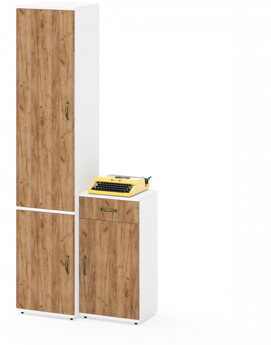 Лидер-8 Пенал МД 22Б + Тумба МД 3.15, цвет белый шагрень/крафт золото, ШхГхВ 80х37,5х190 см., универсальная сборка