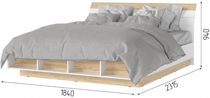 САНСА КР-03 Кровать 1.8х2.0 Фасад ДУБ СОНОМА/Корпус БЕЛЫЙ,ДУБ СОНОМА