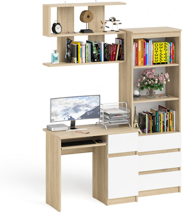 Мори Стол компьютерный МС-1 правый + Стеллаж МСТ600.3 + Полка 900, цвет дуб сонома/белый, ШхГхВ 150,4х50х209,6 см., НЕ универсальная сборка