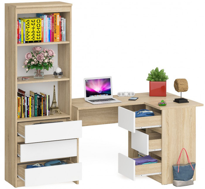 Мори Стол компьютерный МС-16 правый + Стеллаж МСТ600.3, цвет дуб сонома/белый, ШхГхВ 184,8х84,9х179,6 см., выдвижные ящики справа, НЕ универ. сборка