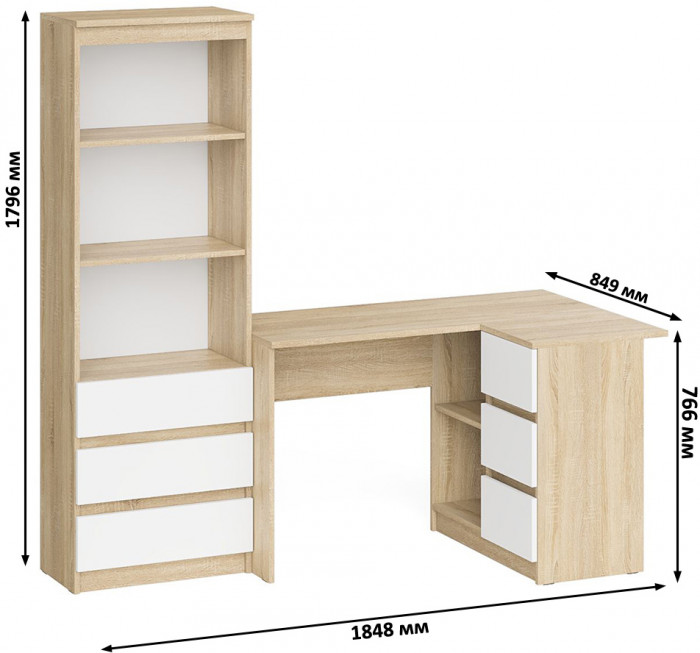 Мори Стол компьютерный МС-16 правый + Стеллаж МСТ600.3, цвет дуб сонома/белый, ШхГхВ 184,8х84,9х179,6 см., выдвижные ящики справа, НЕ универ. сборка