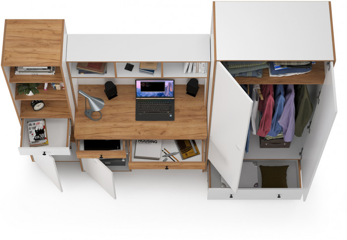 Вуди Компоновка № 24, цвет белый премиум/дуб крафт золотой, ШхГхВ 241х52,7х205 см., универсальная сборка