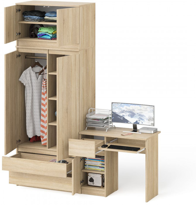 Мори Стол компьютерный МС-1 левый + Шкаф МШ900.1 + Антресоль МА900.1, цвет дуб сонома, ШхГхВ 180,4х50,4х234,2 см., выдвиж. ящик слева, НЕ универс. сб.