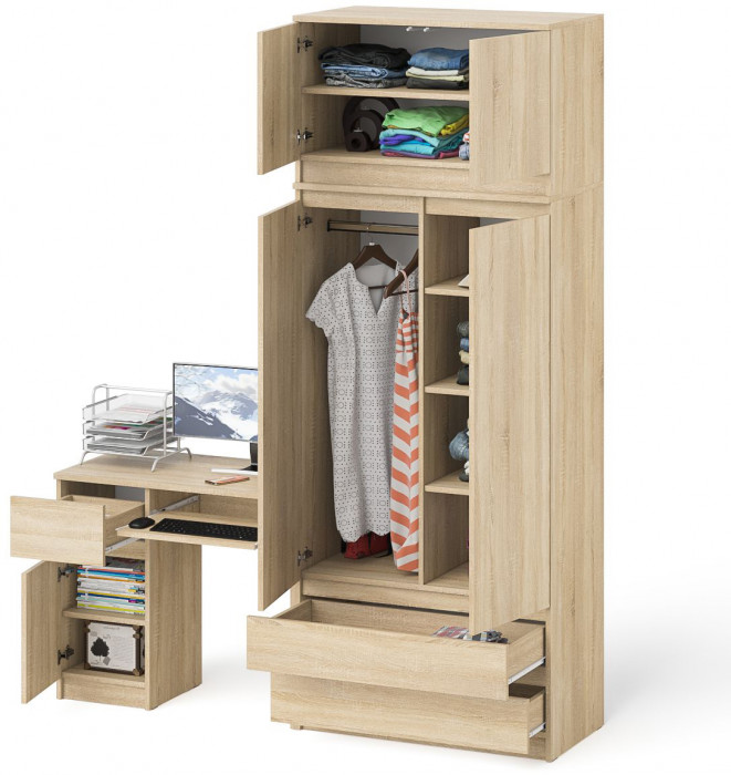 Мори Стол компьютерный МС-1 левый + Шкаф МШ900.1 + Антресоль МА900.1, цвет дуб сонома, ШхГхВ 180,4х50,4х234,2 см., выдвиж. ящик слева, НЕ универс. сб.