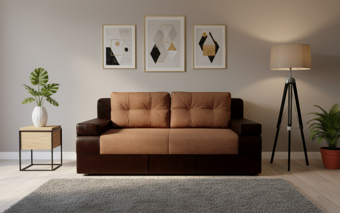 Диван-еврокнижка Амстердам Мини Люкс, 150х195 пружинный блок, рогожка/экокожа, черно-коричневый