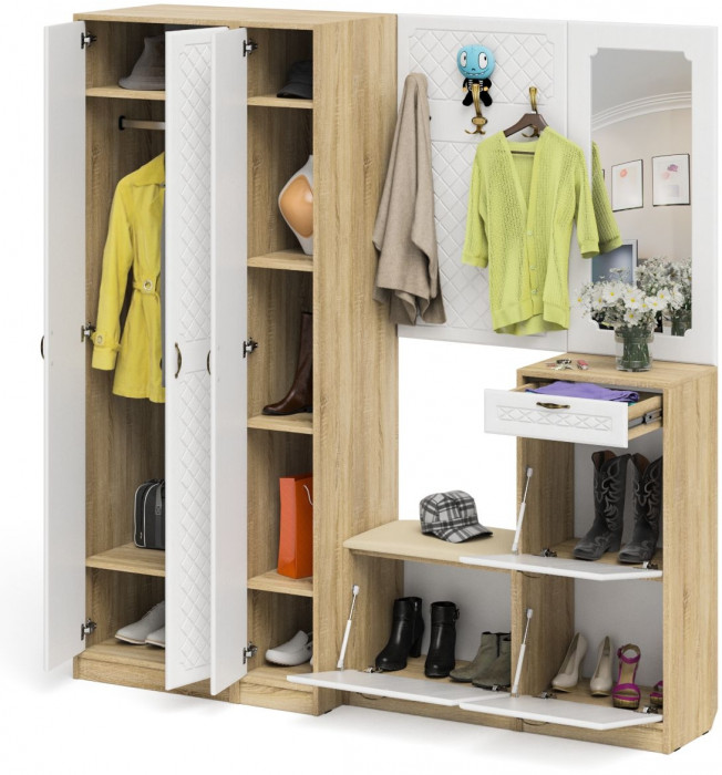 Прихожая П-6 Компоновка № 51, цвет дуб сонома/фасады МДФ белое дерево фрезеровка ромб, ШхГхВ 200х50х210 см., универсальная сборка