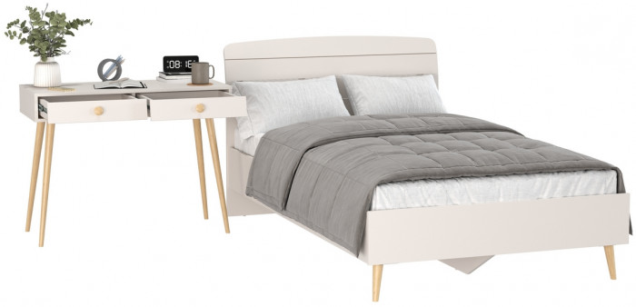 Афина Спальня Кровать 1200 + Стол, цвет кашемир серый, ШхГхВ 123,6х210,2х95,7 + 100х45х76 см., сп.м. 1200х2000 мм., б/м, основание есть