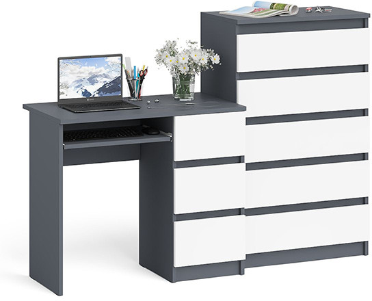 Мори Стол компьютерный МС-6 правый + Комод МК700.5, цвет графит/белый, ШхГхВ 160,4х50х114 см., выдвижные ящики справа, НЕ универсальная сборка