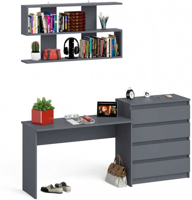 Мори Стол письменный МСП1200.1 + Комод МК800.4 + Полка 1200, цвет графит, ШхГхВ 200,8х50х209,6 см., универсальная сборка