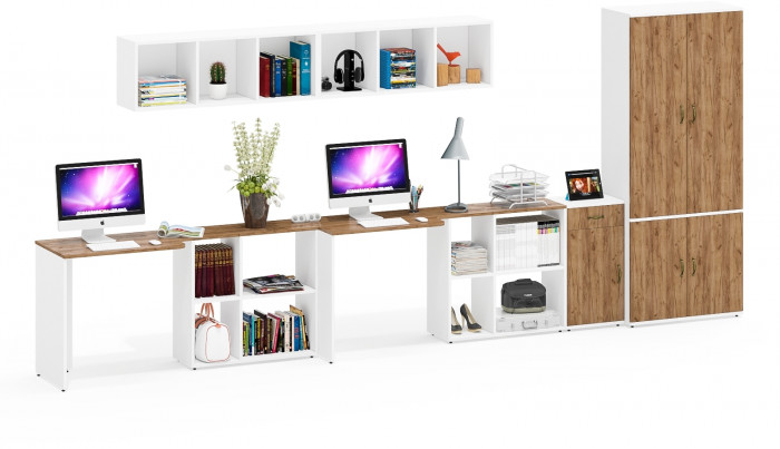 Лидер-8 Стол + Полка + Стол + Полка + Шкаф МД 20Б + Тумба МД 3.15, белый шагрень/крафт золото