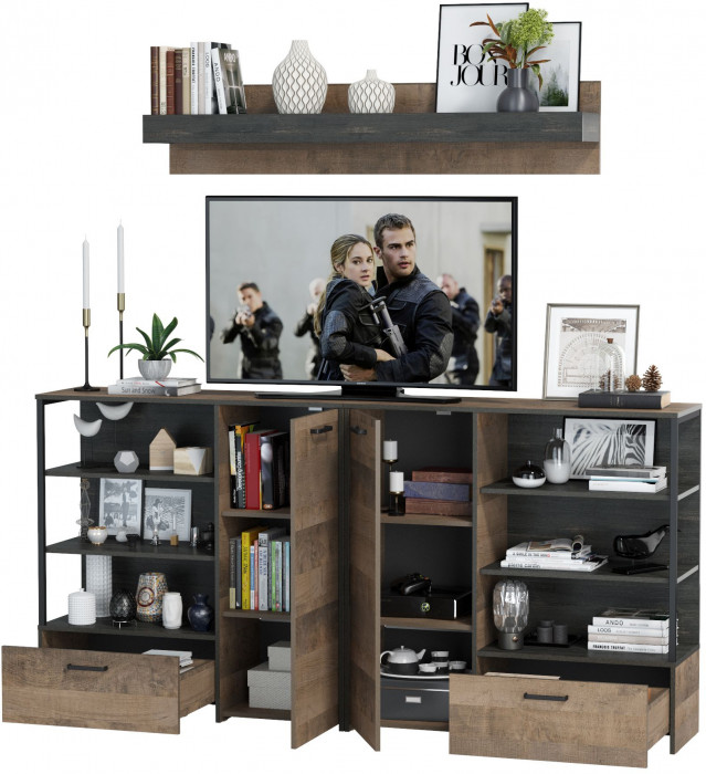 Трувор Гостиная 001, цвет дуб гранж песочный/интра, ШхГхВ 218х36,9х195 см., универсальная сборка