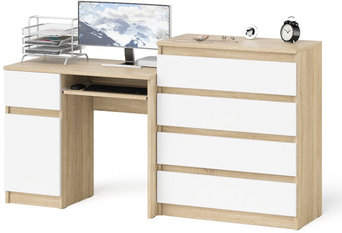 Мори Стол компьютерный МС-1 левый + Комод МК800.4, цвет дуб сонома/белый, ШхГхВ 170,4х50х94 см., выдвижной ящик слева, НЕ универсальная сборка