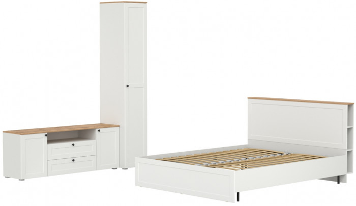 Остин 11.53 Кровать + ортопед + 13.225 Шкаф-пенал + 16.47 Тумба под ТВ, белый шагрень/дуб крафт золотой