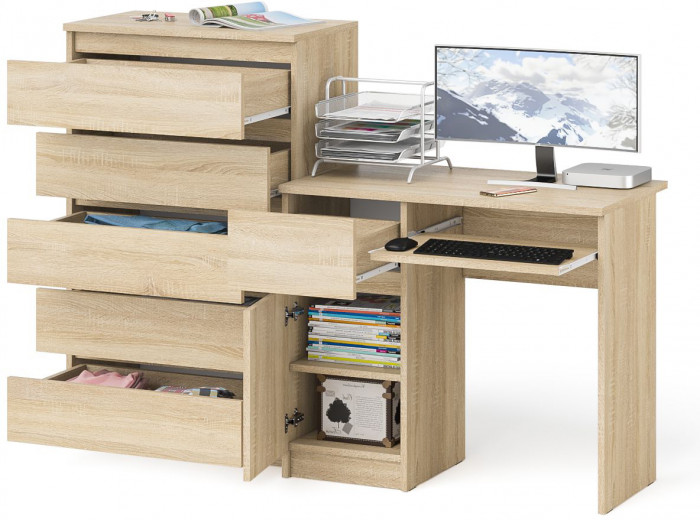 Мори Стол компьютерный МС-1 левый + Комод МК700.5, цвет дуб сонома, ШхГхВ 160,4х50х114 см., выдвижной ящик слева, НЕ универсальная сборка
