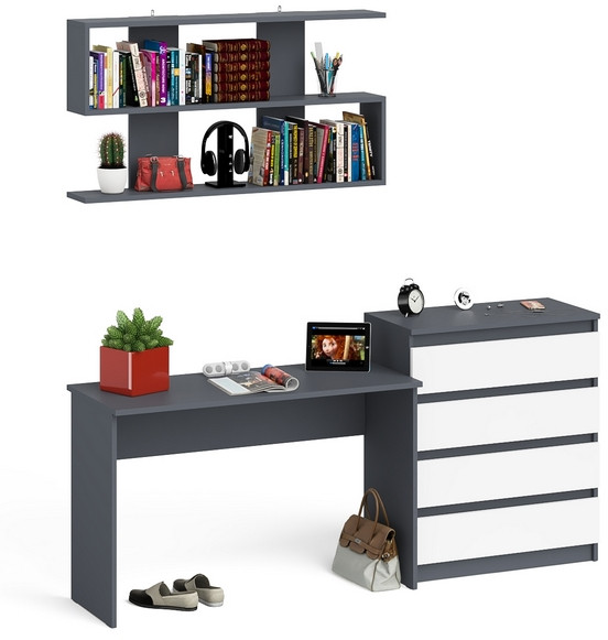 Мори Стол письменный МСП1200.1 + Комод МК800.4 + Полка 1200, цвет графит/белый, ШхГхВ 200,8х50х209,6 см., универсальная сборка