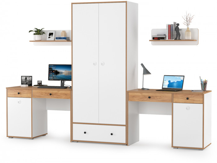 Вуди Компоновка № 26, цвет белый премиум/дуб крафт золотой, ШхГхВ 306х52,7х205 см., универсальная сборка