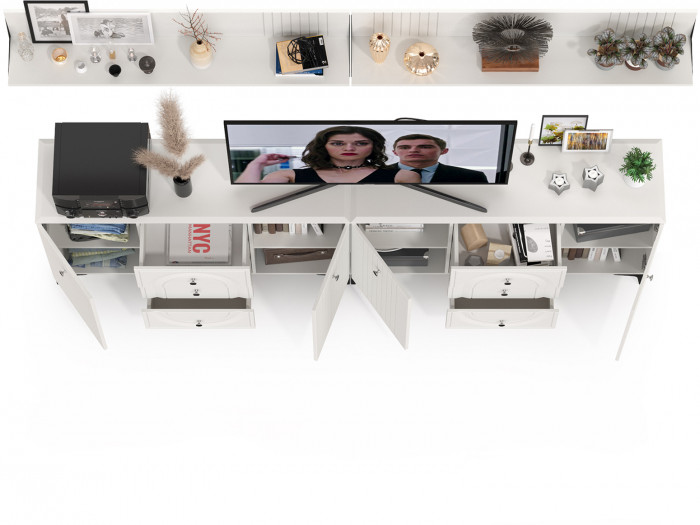 Валенсия Гостиная № 090, цвет ЛДСП белый шагрень/МДФ белый шагрень, ШхГхВ 266,3х38,4х205 см.