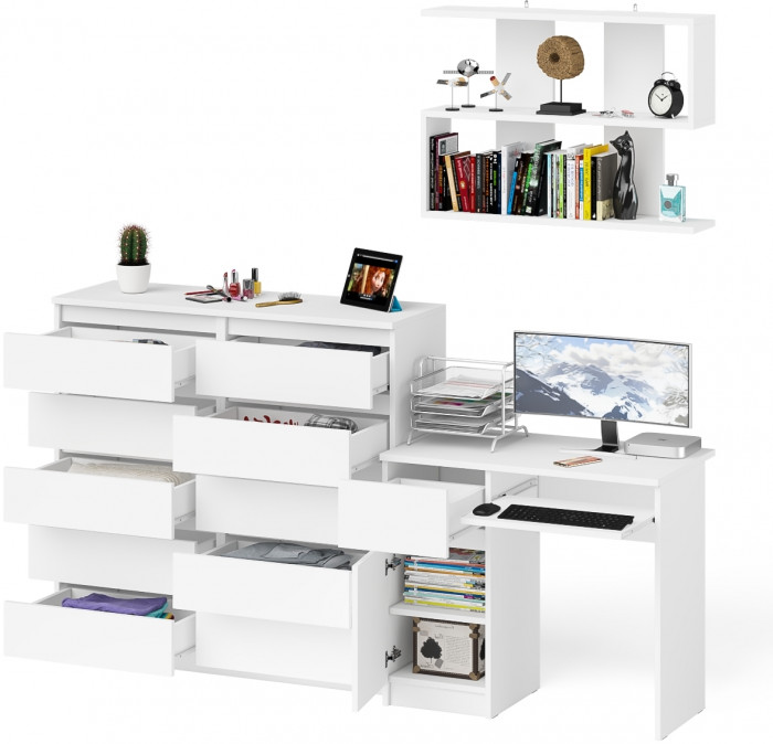 Мори Стол компьютерный МС-1 левый + Комод МК1200.10 + Полка 900, цвет белый, ШхГхВ 210,4х50х209,6 см., НЕ универсальная сборка