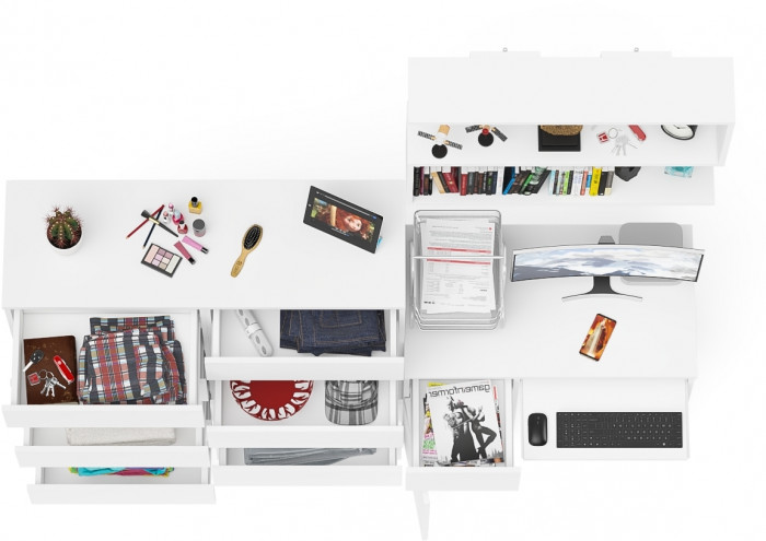 Мори Стол компьютерный МС-1 левый + Комод МК1200.10 + Полка 900, цвет белый, ШхГхВ 210,4х50х209,6 см., НЕ универсальная сборка