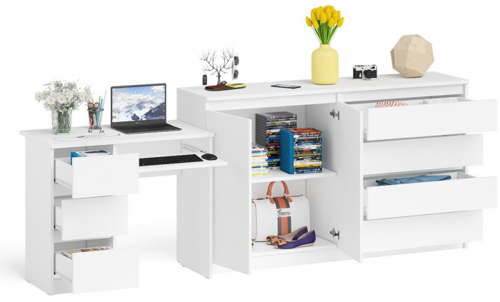 Мори Стол компьютерный МС-6 левый + Комод МК1600.1, цвет белый, ШхГхВ 250,4х50х94 см., выдвижные ящики слева, НЕ универсальная сборка