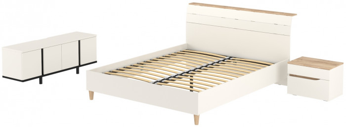 Муссон Кровать 11.41 + ортопед + Тумба 16.03 + Тумба ТВ 13.276, цвет белый/чёрный/дуб эндгрейн элегантный, сп. м. 1600х2000 мм., б/м