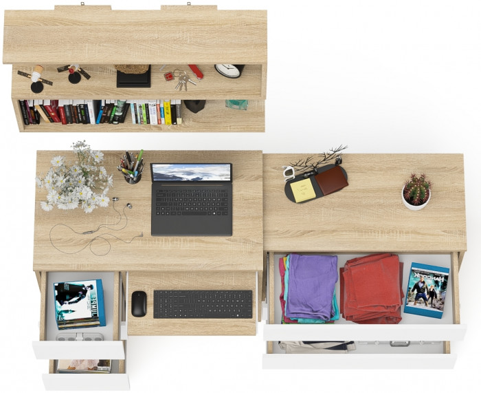 Мори компьютерный стол МС-6 левый + Комод МК800.1 + Полка 900, дуб сонома/белый