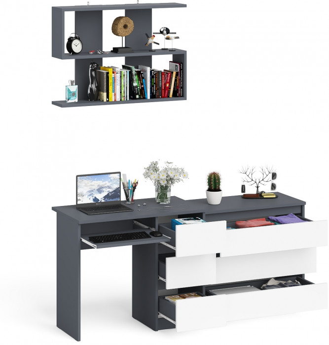 Мори Стол компьютерный МС-6 правый + Комод МК800.1 + Полка 900, цвет графит/белый, ШхГхВ 170,4х50х209,6 см., НЕ универсальная сборка