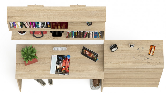 Мори Стол письменный МСП1200.1 + Комод МК800.4 + Полка 1200, цвет дуб сонома, ШхГхВ 200,8х50х209,6 см., универсальная сборка