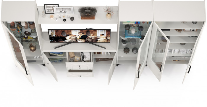 Валенсия Гостиная № 106, цвет ЛДСП белый шагрень/МДФ белый шагрень, ШхГхВ 327,3х38,4х225,2 см., ниша для ТВ 133х38х100 см., универсальная сборка