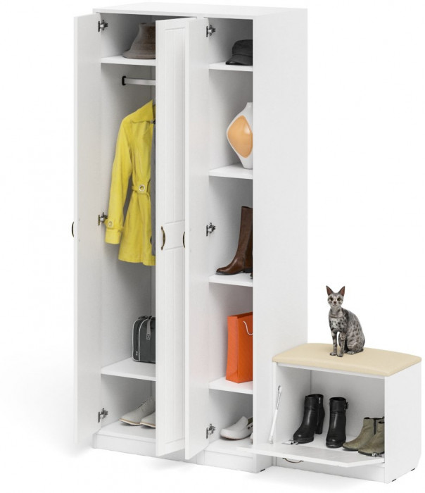 Прихожая П-6 Компоновка № 45, цвет белая шагрень/фасады МДФ белое дерево фрезеровка прованс, ШхГхВ 150х50х210 см., универсальная сборка