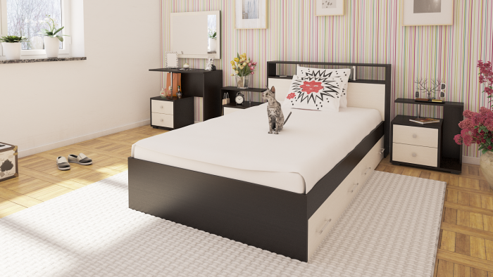 Камелия спальня № 13 Кровать с ящиками 1200 + Две тумбы + Стол косметич. + Зеркало, цвет венге/дуб лоредо, сп.м. 1200х2000 мм., б/м, основание есть