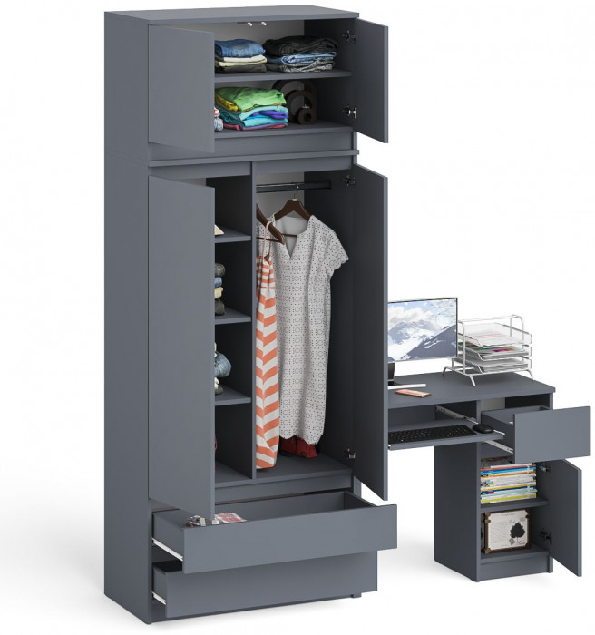 Мори Стол компьютерный МС-1 правый + Шкаф МШ900.1 + Антресоль МА900.1, цвет графит, ШхГхВ 180,4х50,4х234,2 см., выдвижной ящик справа, НЕ универс. сб.