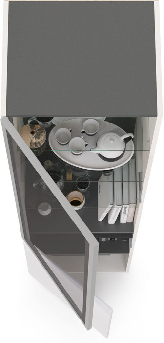 Сидней 13.201 Шкаф-витрина, цвет корпус: белый/чёрный/фасады: МДФ белый глянец/прозрачное стекло с серой тонировкой, ШхГхВ 50х41,3х205,2 см., ун. сб.