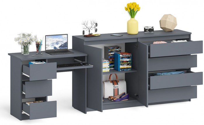 Мори Стол компьютерный МС-6 левый + Комод МК1600.1, цвет графит, ШхГхВ 250,4х50х94 см., выдвижные ящики слева, НЕ универсальная сборка