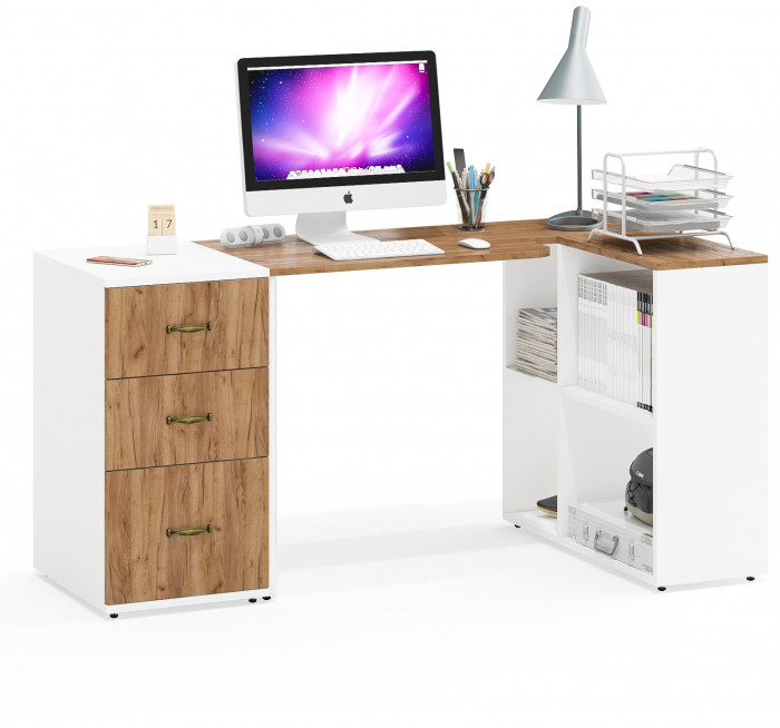 Лидер-8 Стол + Тумба МД 3.16, цвет белый шагрень/крафт золото, ШхГхВ 205х50/30х75 см. или 115х50/120х75 см., НЕ универсальная сборка