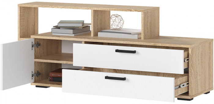 САНСА ТВ-01 Тумба под ТВ Фасад БЕЛЫЙ/Корпус ДУБ СОНОМА