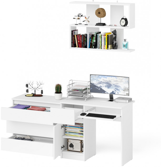 Мори Стол компьютерный МС-1 левый + Комод МК800.1 + Полка 900, цвет белый, ШхГхВ 170,4х50х209,6 см., НЕ универсальная сборка