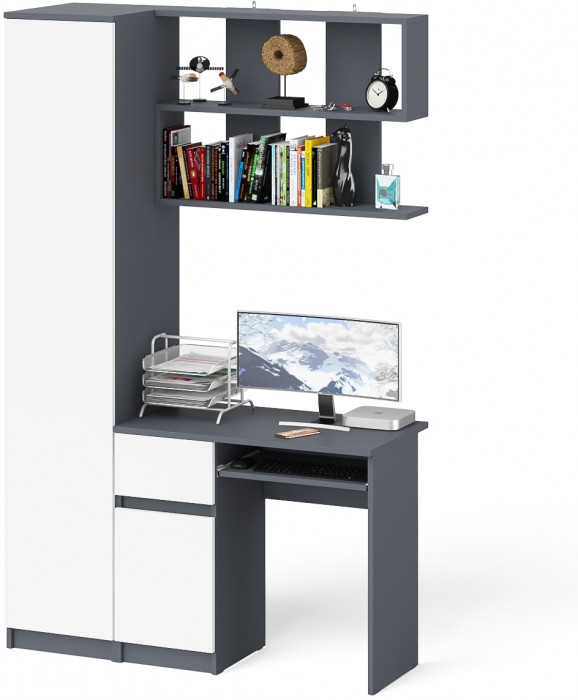 Мори Стол компьютерный МС-1 левый + Пенал МШ400.1 + Полка 900, цвет графит/белый, ШхГхВ 130,4х50,4х209,6 см., НЕ универсальная сборка