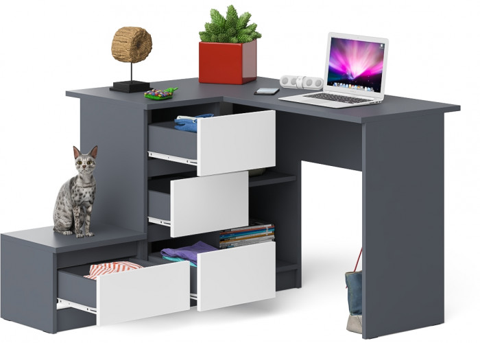 Мори Стол компьютерный МС-16 левый + Тумба ТМП400.1, цвет графит/белый, ШхГхВ 164,8х84,9х76,6 см., выдвижные ящики слева, НЕ универсальная сборка