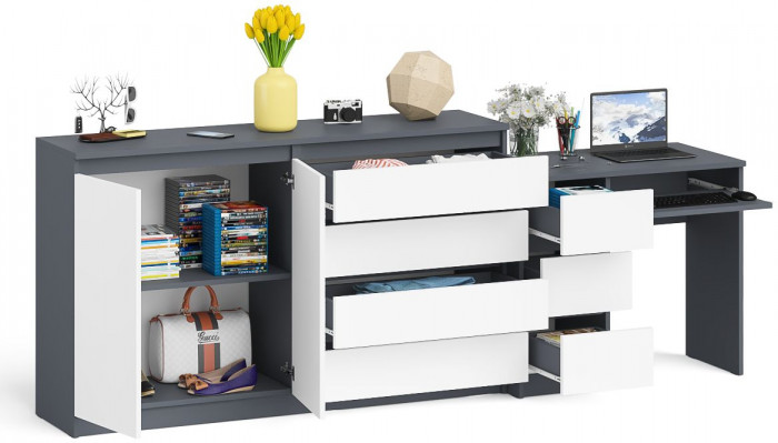 Мори Стол компьютерный МС-6 левый + Комод МК1600.1, цвет графит/белый, ШхГхВ 250,4х50х94 см., выдвижные ящики слева, НЕ универсальная сборка