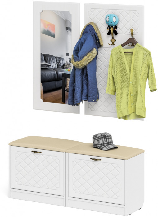 Прихожая П-6 Компоновка № 02, белая шагрень/фасады МДФ белое дерево фрезеровка ромб