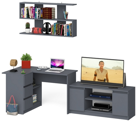 Мори компьютерный стол МС-16 левый + Тумба МТВ1200.1 + Полка 1200, графит