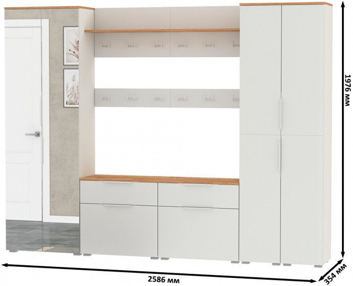 Октава Прихожая 37, белый шагрень/дуб крафт золотой/фасады МДФ белый шагрень