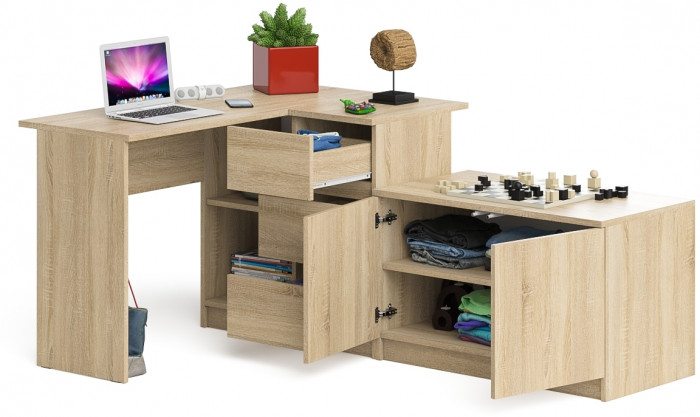 Мори Стол компьютерный МС-16 правый + Тумба МА900.1, цвет дуб сонома, ШхГхВ 214,8х84,9х76,6 см., выдвижные ящики справа, НЕ универсальная сборка