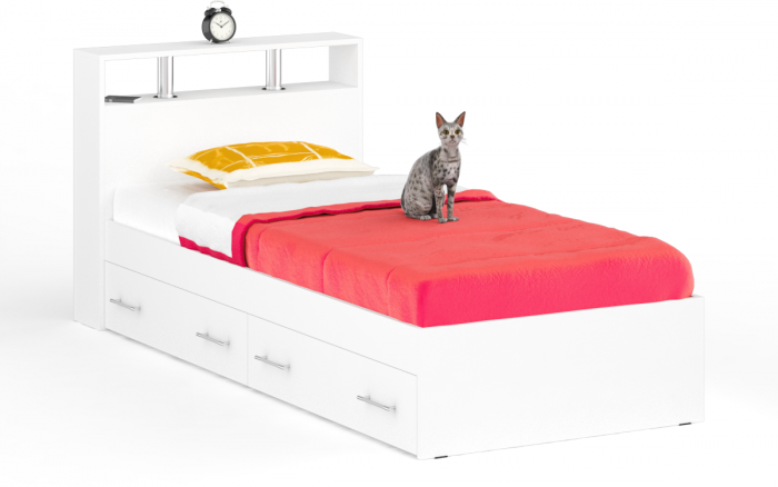 Камелия спальня № 14 Кровать с ящиками 900 + Стол косметический + Зеркало + Комод, цвет белый, сп.м. 900х2000 мм., б/м, основание есть