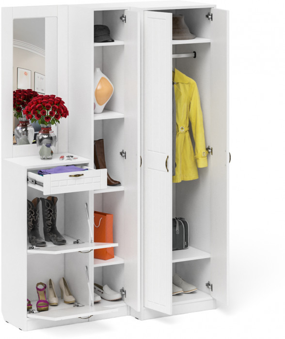 Прихожая П-6 Компоновка № 29, цвет белая шагрень/фасады МДФ белое дерево фрезеровка прованс, ШхГхВ 140х50х210 см., универсальная сборка