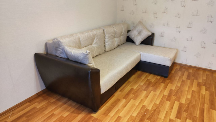 Диван-кровать угловой Амстердам, 150х200, еврокнижка, независимый пружинный блок, рогожка/экокожа, бежево-коричневый