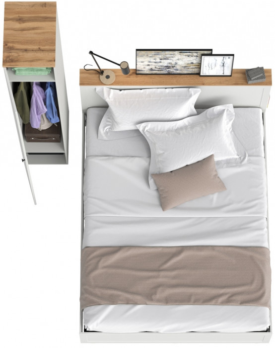 Остин 11.53 Кровать + ортопед + 13.225 Шкаф-пенал, белый шагрень/дуб крафт золотой
