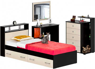 Камелия спальня № 14 Кровать с ящиками 900 + Стол косметический + Зеркало + Комод, цвет венге/дуб лоредо, сп.м. 900х2000 мм., б/м, основание есть